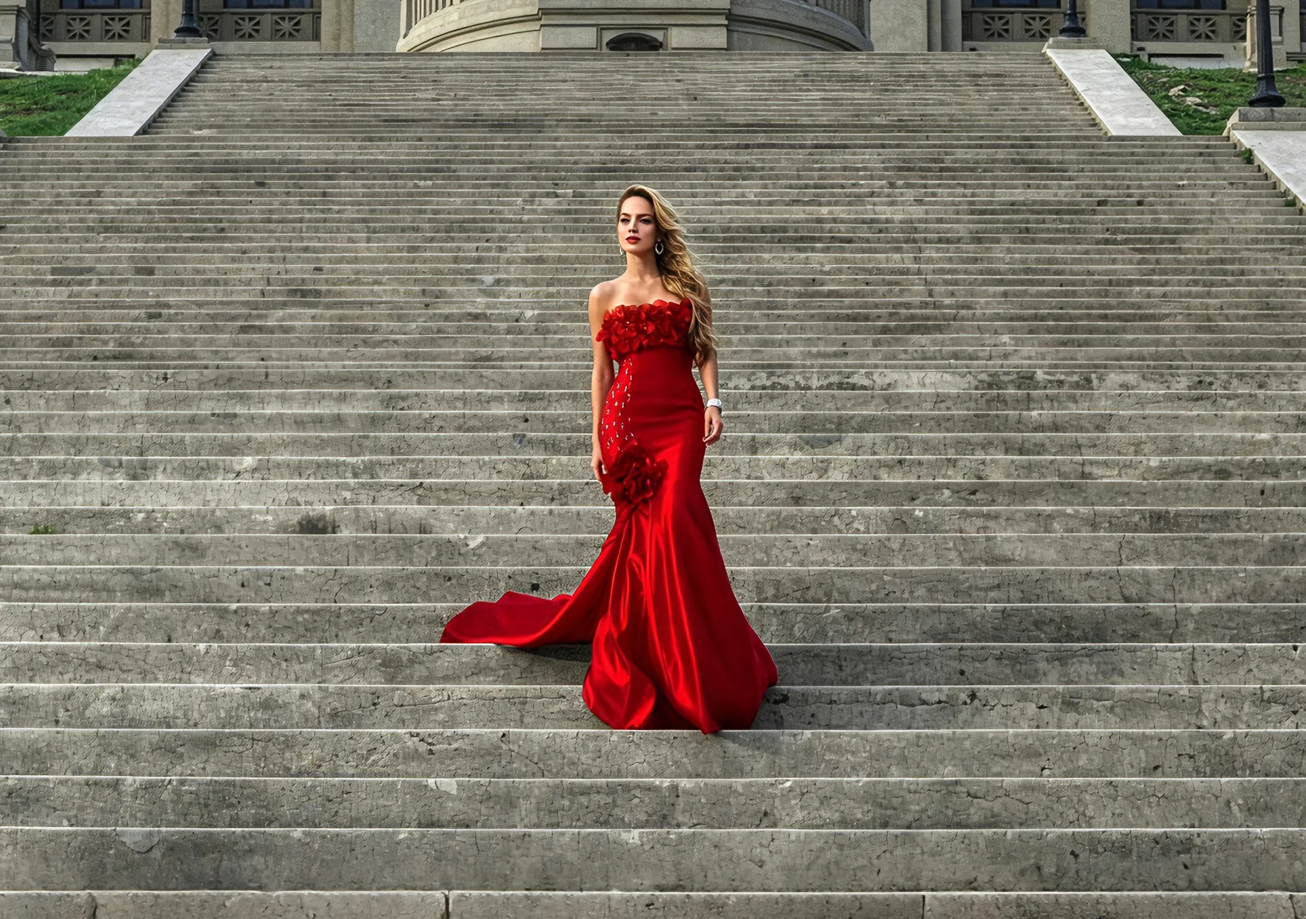 Dama de vestido vermelho na escada