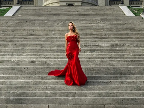 Dama de vestido vermelho na escada