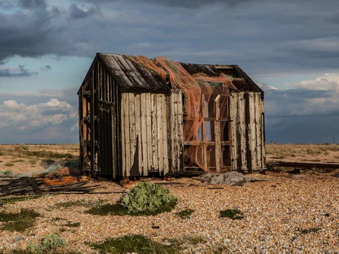 Fish shed and orange fishing net